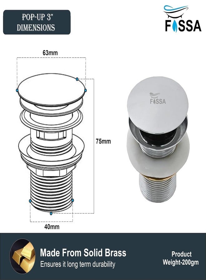 Fossa 3" Inch Brass Pop Up Waste Coupling with Smooth Push Button | Full Threaded Drain Outlet System for Basin & Sink | Durable Brass Body with Silver (Chrome Finish) - Image 4